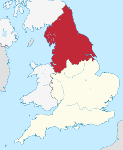 As três regiões do Norte da Inglaterra mostradas dentro da Inglaterra, sem limites regionais.