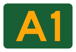 Alphanumeric route (used in NT, QLD, SA, VIC, TAS and partly NSW); may also be coloured orange-on-blue for tollways in VIC and QLD