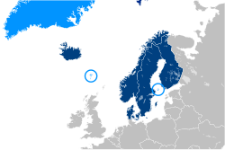 Pohjoismaiden neuvoston jäsenvaltiot tummansinisellä; liitännäisjäsenet vaaleansinisellä.