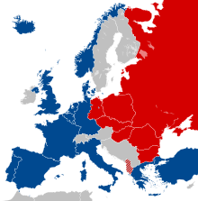 A map of Europe showing several countries on the left in blue, and ones on the right are in red. Other unaffiliated countries are in white.