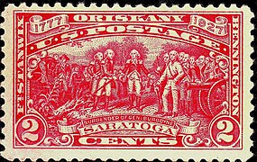 Overgivelsen av general Burgoyne avbildet på et amerikansk frimerke fra 1927.