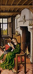 Saint Barbara from the right hand wing of Robert Campin's Werl Altarpiece, 1438. Museo del Prado, Madrid. Campin was master to van der Weyden and strongly influenced his work. Note how, as with van der Weyden's image, the only movement in this very still image is the turning page