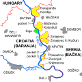 Reivindicações dos dois países na região de Bačka e Baranja (em amarelo, sob controlo da Sérvia e reclamadas pela Croácia) e terra nullius (em verde, sob controlo da Croácia e não reclamadas por nenhum dos estados).