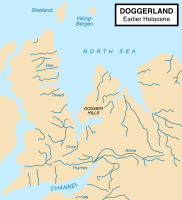 Mapo montranta hipotezan etendon de Doggerland (ĉirkaŭ 8000 a.n.e.), kiu montras terponton inter Britio kaj kontinenta Eŭropo
