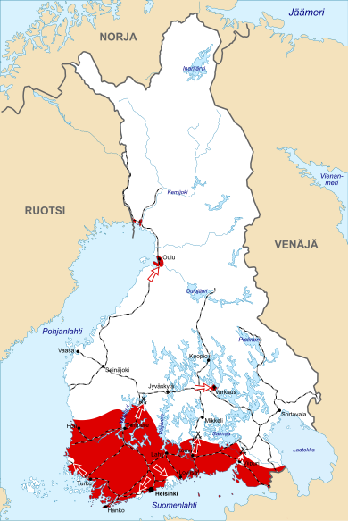 A map illustrating the frontlines and initial offensives of both sides at the beginning of the war. The Whites control most of Central and Northern Finland, excluding minor Red enclaves; the Whites assault these enclaves. The Reds control Southern Finland and commence attacks along the main frontline.