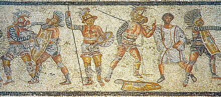 Photo d'une mosaïque représentant un combat de gladiateurs