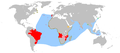 ポルトガル海上帝国 - 赤色：1410年 - 1999年までにポルトガルが支配したことのある領域 ピンク：探検など 水色：制海権を得たことのある海域