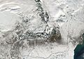 Vue de satellite en décembre : la Roumanie couverte de neige et les limans gelés.