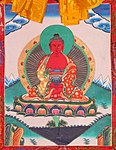La budho Amitabo en Tibeta budhismo, tradicia thangka pentraĵo.