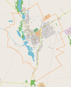 Mapa konturowa Maszewa, w centrum znajduje się punkt z opisem „Kościół Matki Bożej Częstochowskiej w Maszewie”