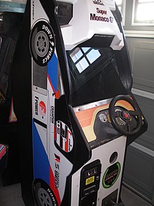 A standing arcade cabinet designed like a F1 race car with its nose pointed toward the ceiling