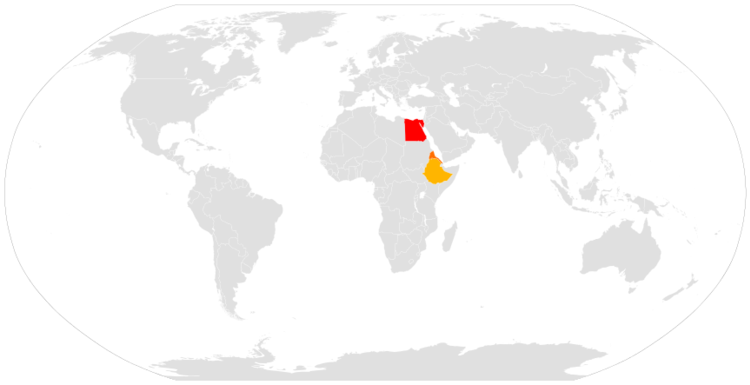 Iglesia católica copta en rojo (Egipto) e Iglesia católica etíope en naranja (Eritrea y Etiopía).