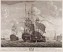 A monochrome image of three large 18th-century war ships flying British flags seen from the rear