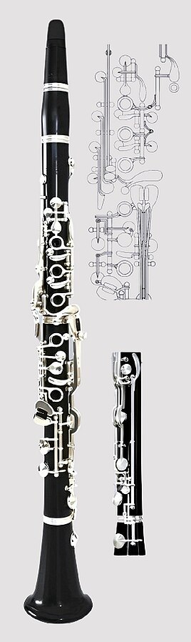 Oehler clarinet with a cover on the middle tone hole of the lower joint, dev. 1905 by Oscar Oehler, and with bell mechanism added later to improve deep E and F