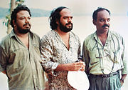 Screenwriter Lohithadas and director Bharathan along with Ramachandra Babu at the location of Venkalam.