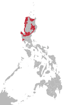Místa, kde se používá ilokánština na mapě Filipín (červeně)