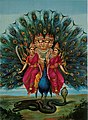 Image 13 Murugan Painting: Raja Ravi Varma Murugan, also known as Kartikeya, is the Hindu war god, worshiped particularly by Tamil Hindus. Murugan has a peacock as a mount and is often depicted with six heads and twelve arms holding a variety of weapons. His consorts, pictured here, are Valli and Deivayanai. More selected pictures