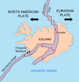 Image 21Mid-Atlantic Ridge and adjacent plates. Volcanoes indicated in red. (from History of Iceland)