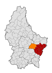 Map of Luxembourg with Junglinster highlighted in orange, and the canton in dark red