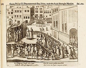 Illustration of the Execution of Homosexual Monks, 1578 by Michiel Colijn, Afbeeldinghe, ende beschrijvinghe van alle de veld-slagen, belegeringen, en̄ and're notable geschiedenissen, ghevallen in de Nederlanden, geduerende d'oorloghe teghens den coningh van Spaengien, 1616.