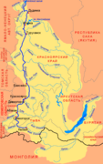 Yeniseisk (Енисе́йск) en un mapa del río Yeniséi