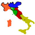 Italy in 1859: orange مملکت ساردینیا, blue Kingdom of Lombardy–Venetia (Austrian Empire), light green Duchy of Parma, green Duchy of Modena, dark green Grand Duchy of Tuscany, red پاپائی ریاستیں, yellow مملکت صقلیتین.