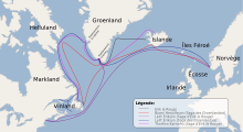 Carte des possibles différentes routes de navigation maritime au Groenland, Vinland (Terre-Neuve), Helluland (l'île de Baffin) et Markland (Labrador) parcourus par les personnages des sagas islandaises, principalement Saga d'Erik le Rouge et Saga des Groenlandais.