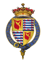 Quartered coat of arms of John Hastings, 2nd Earl of Pembroke, surrounded by the Order of the Garter