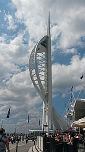 A view of the Spinnaker Tower from the ground at Gunwharf Quays. The tower itself resembles a sail, reflecting Portsmouth's maritime history.