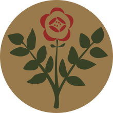 A stylised red rose on a green stem with leaves against a khaki background