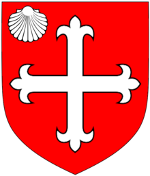 coat of arms of thomas de la more, a white scallop and cross on a red background