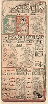 Página 9 do "Códice de Dresden", mostrando a língua maia do período clássico escrita com hieróglifos maias.