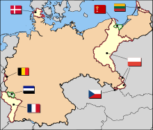 A map of Germany. It is colour-coded to show the transfer of territory from German to the surrounding countries and define the new borders.