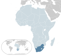 Kinaroroonan ng  South Africa  (dark blue) – sa Africa  (light blue & dark grey) – sa the African Union  (light blue)