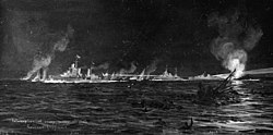 A painting of several modern warships at night, with men and wreckage in the water in the foreground