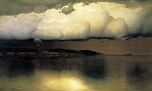 Huile sur toile paysager: des nuages surplombant de l'eau, on aperçoit une barque devant la terre ferme