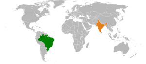 Mapa indicando localização do Brasil e da Índia.