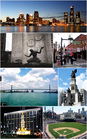 صور من الأعلى إلى الأسفل، من اليسار إلى اليمين: وسط مدينة ديترويت أفق، روح ديترويت، جريكتاون، جسر السفير، نصب جنود ميشيغان والبحارة، مسرح فوكس (ديترويت)، و كمريك بارك.