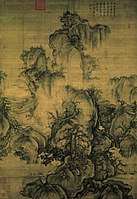 Vroege lente door Guo Xi (1072), hangende rol met gewassen inkt en kleur op zijde