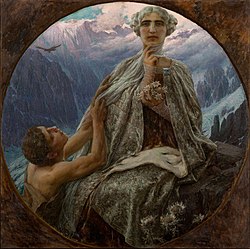 Maleri av kvinne som sitter i verdig ro på fjelltopp mens en halvnaken mann søker seg opp til henne