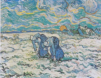 Two women are digging in a snowy field, covered in white, houses off in the distance, while the sun rises.