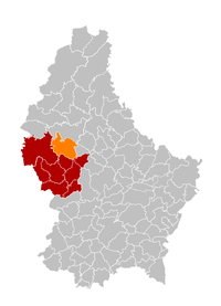 Map of Luxembourg with Groussbus-Wal highlighted in orange, and the canton in dark red