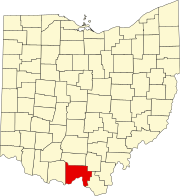 Kort over Ohio med Scioto County markeret
