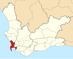 Lega mesta (rdeče) v Zahodni Kaplandiji in Južnoafriški Republiki