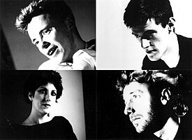 Promotional images of New Order in 1985; clockwise from top left: Bernard Sumner, Stephen Morris, Peter Hook, Gillian Gilbert