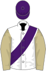 White, purple sash and cap, beige sleeves