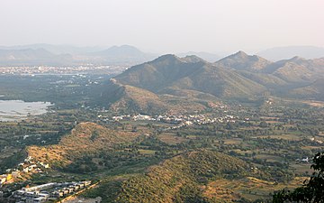 Aerial view Udaipur and Aravali hills.