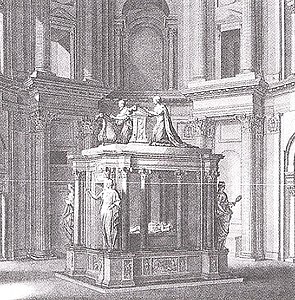 Drawing of how the tomb of Henry II and his wife originally looked; it shows the Effigies at top and the double tomb below