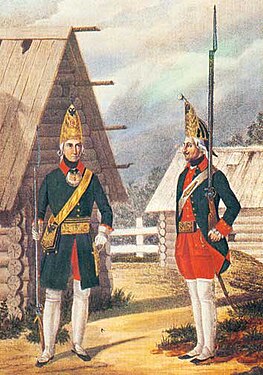 Russian infantry uniforms in 1756–1762. Grenadier and officer. Unknown artist of XIX c.