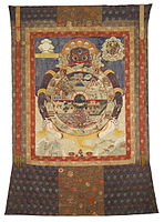 A traditional Tibetan thangka showing the bhavachakra. This thangka was made in Eastern Tibet and is currently housed in the Birmingham Museum of Art.